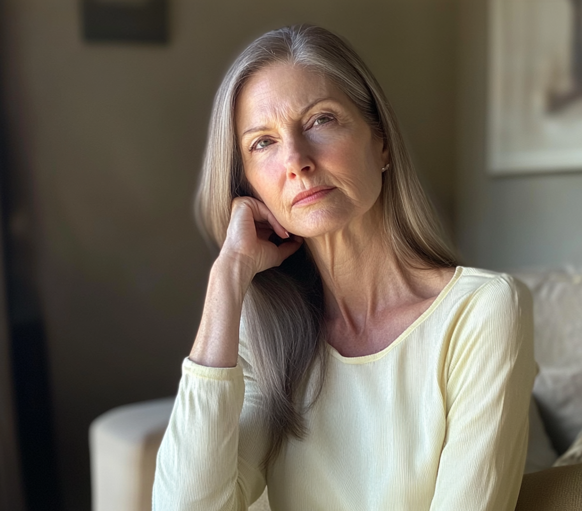 An upset older woman sitting on a couch | Source: Midjourney