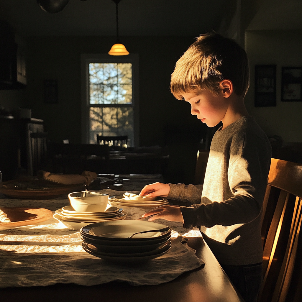 A boy setting a dinner table | Source: Midjourney