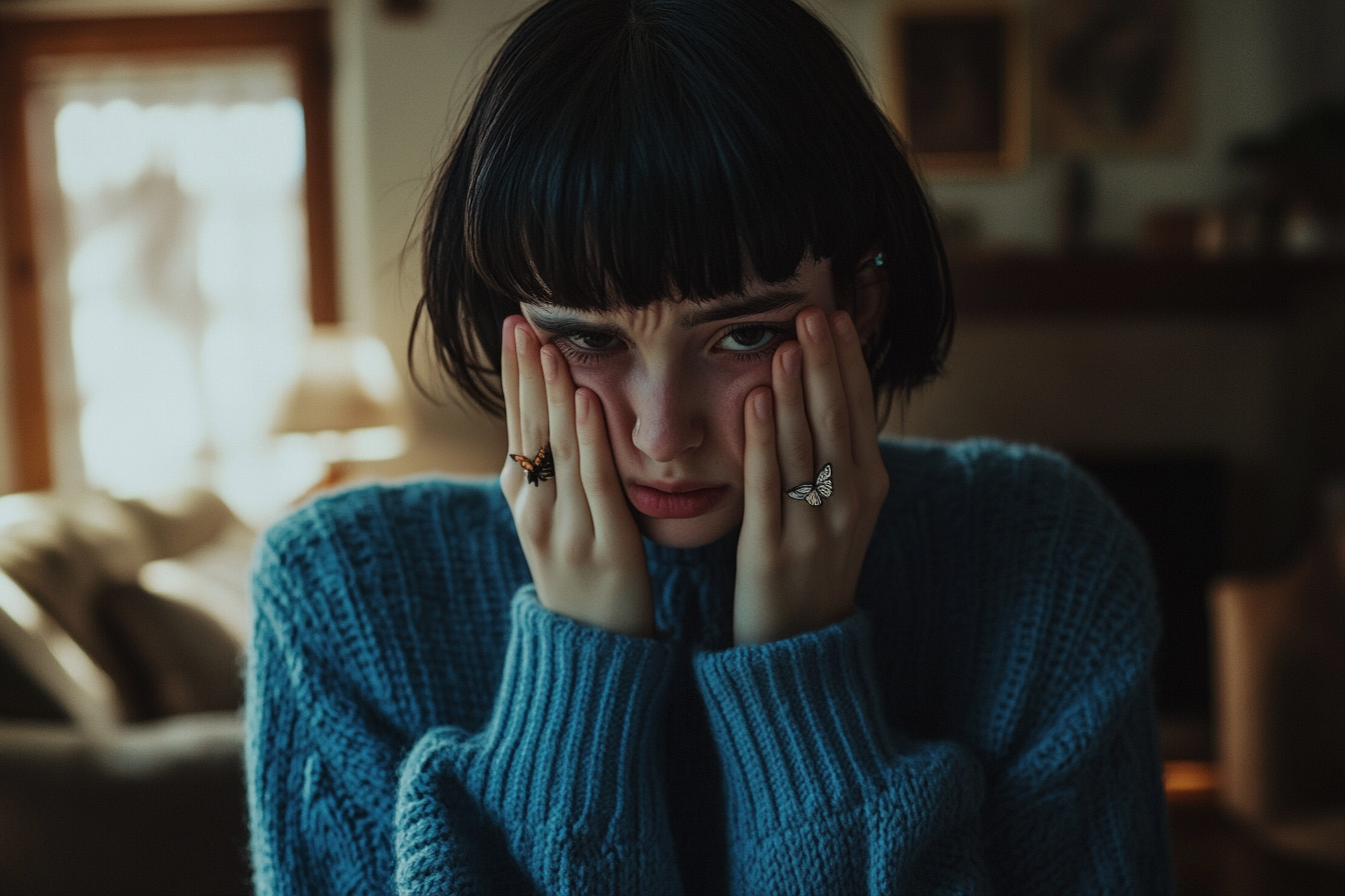 Young woman with hands covering her face while crying in living room | Source: Midjourney