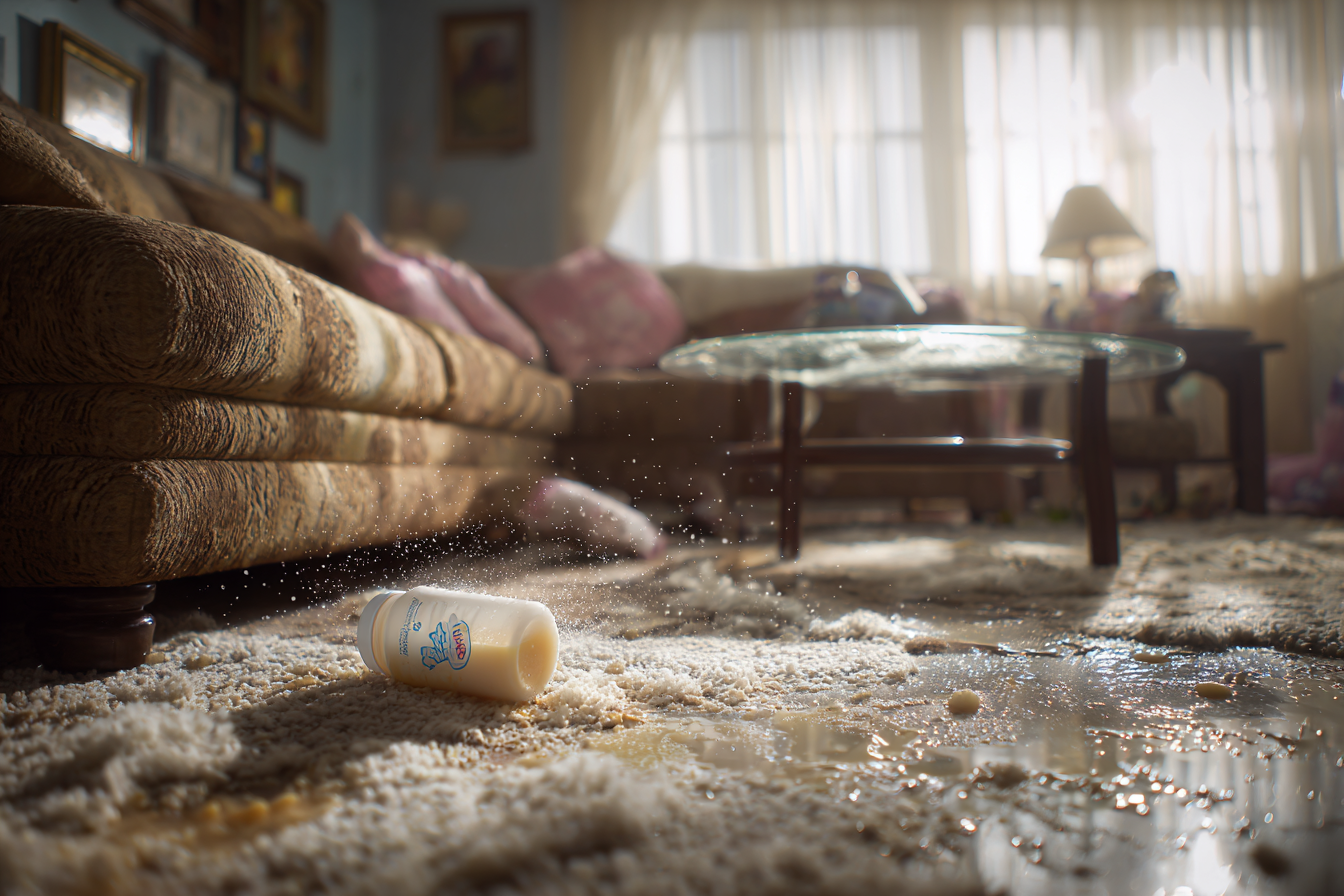 Milk spilled all over the carpet and floor in a living room | Source: Midjourney