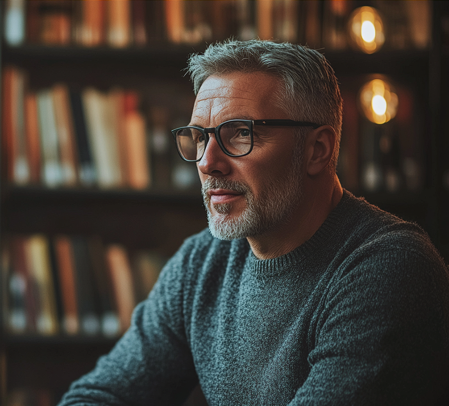 A mature man attending a book club meeting in a library | Source: Midjourney