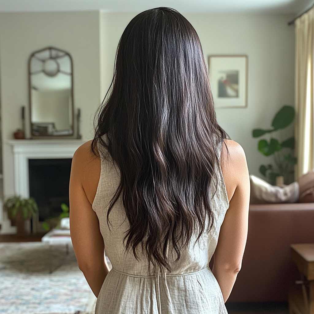 The rear view of a woman standing in a living room | Source: Midjourney