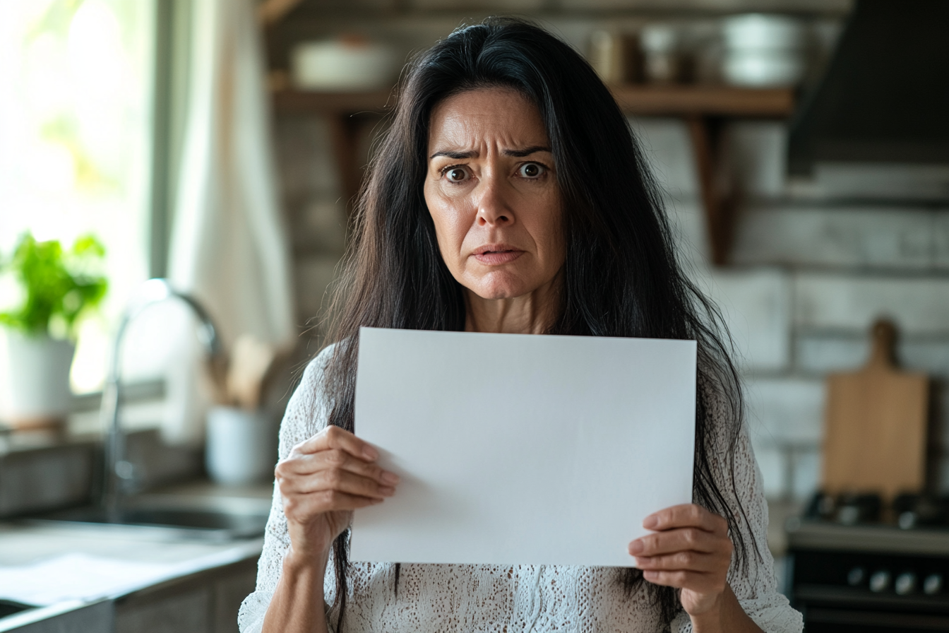 Une femme au cœur brisé dans une cuisine tenant une page de papier | Source : Midjourney