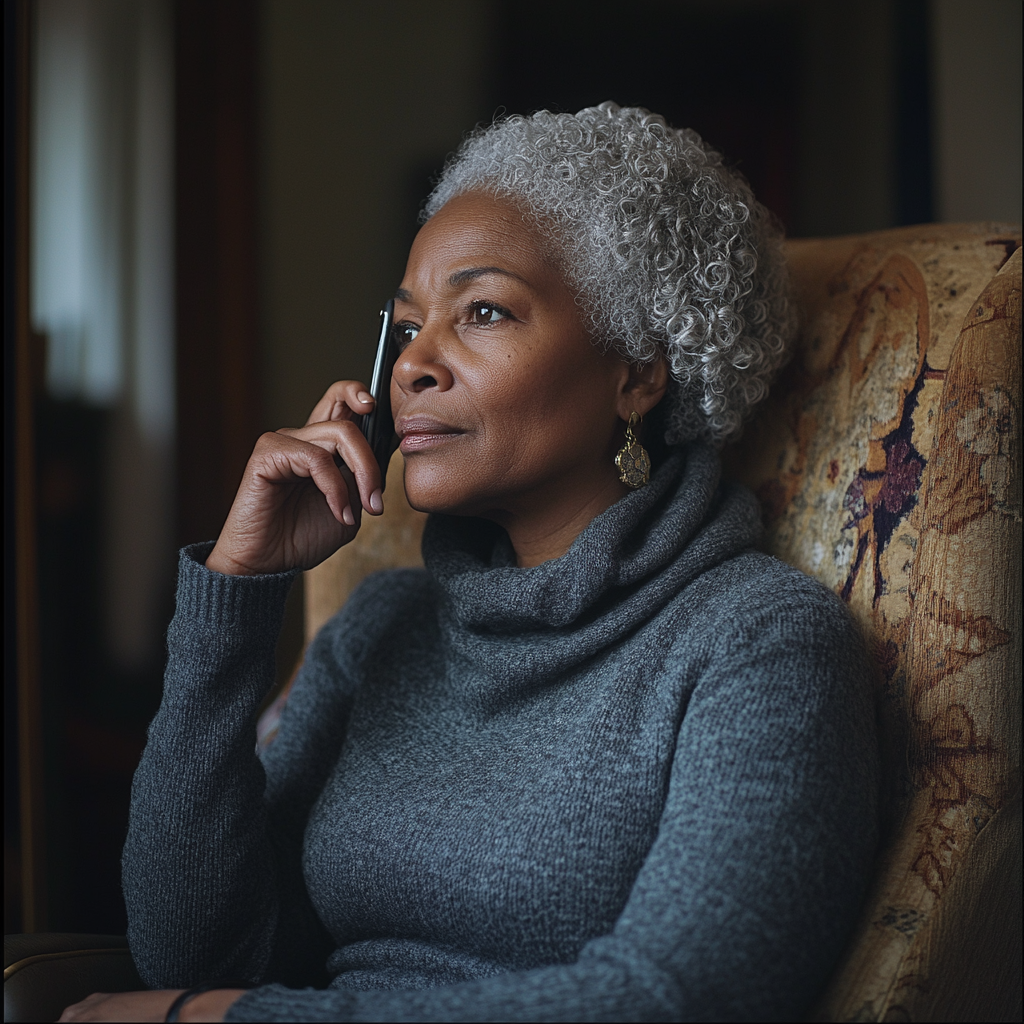 A woman talking on her phone in her living room | Source: Midjourney