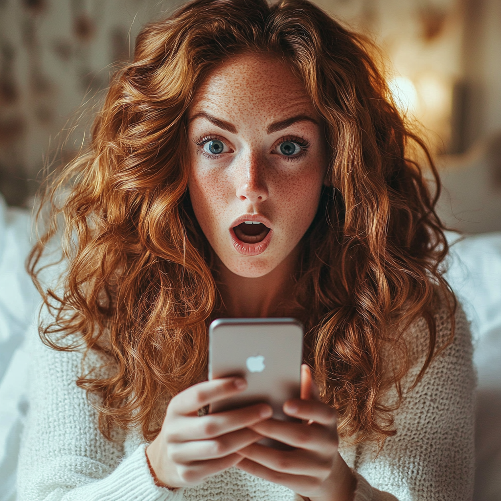 Une femme choquée tenant un téléphone | Source : Midjourney