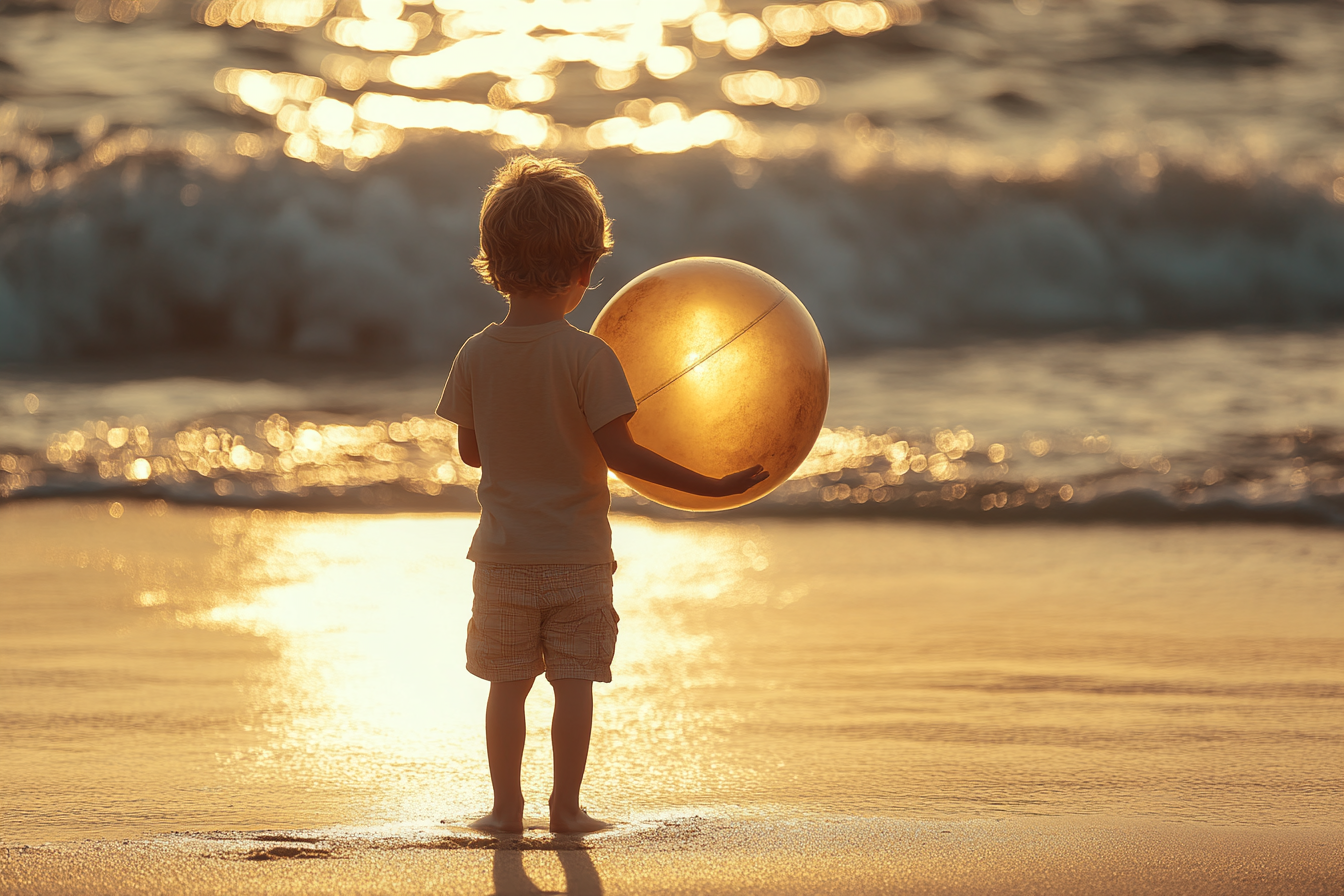 A little boy standing on the beach and holding a ball | Source: Midjourney