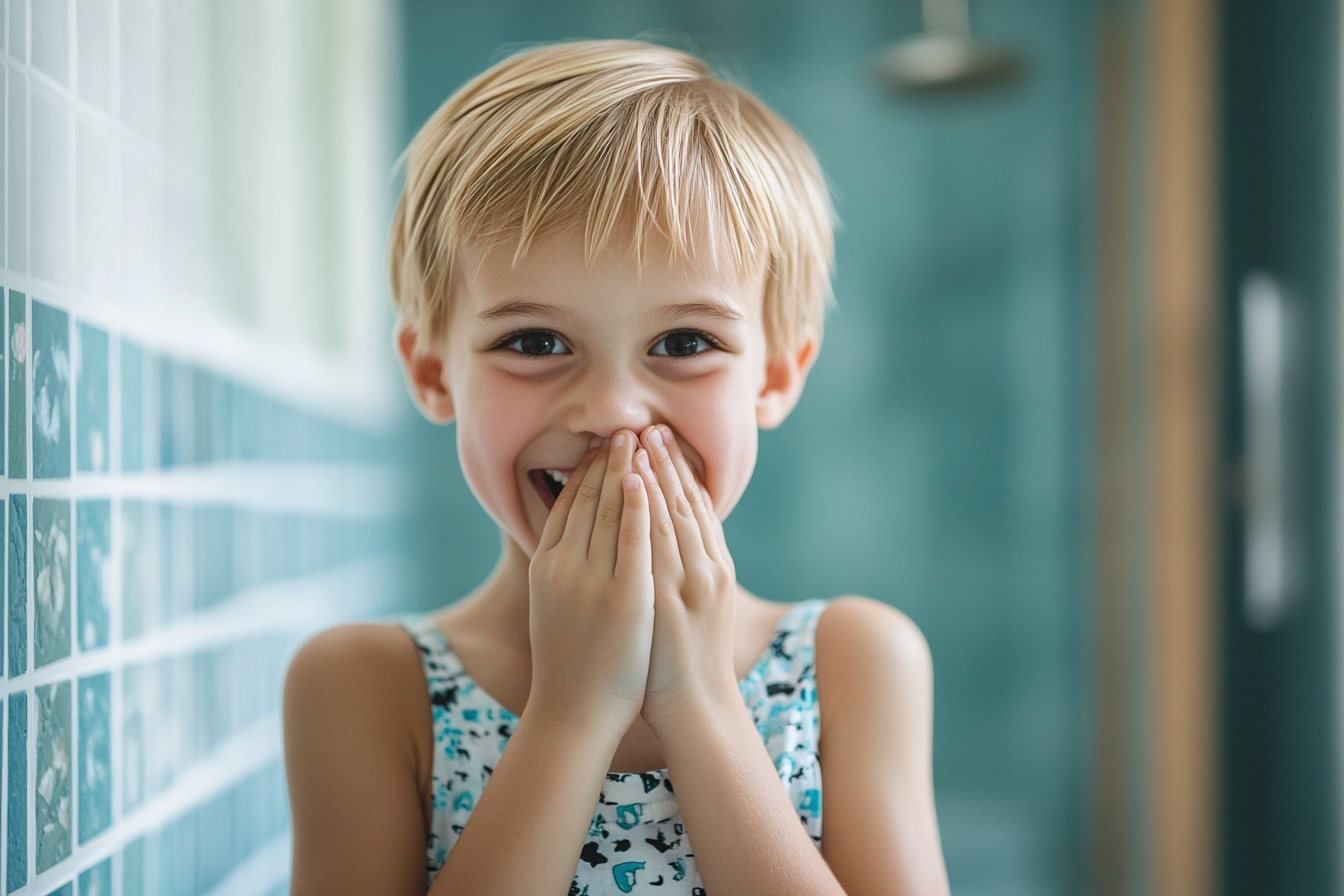 An excited young girl covering her mouth with her hands | Source: Midjourney