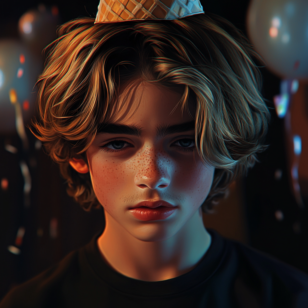 A sad teenage boy on his birthday | Source: Midjourney