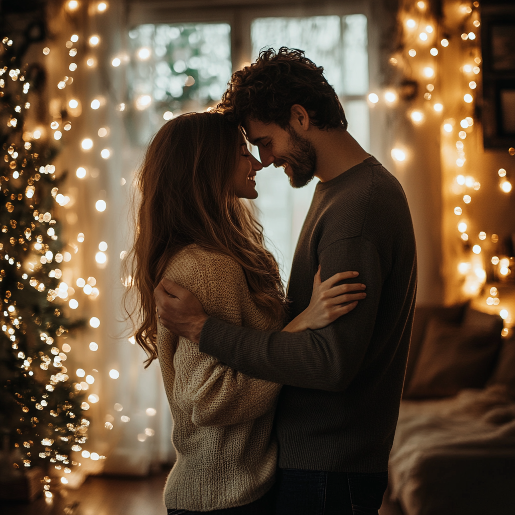 Un couple souriant dansant dans le salon | Source : Midjourney