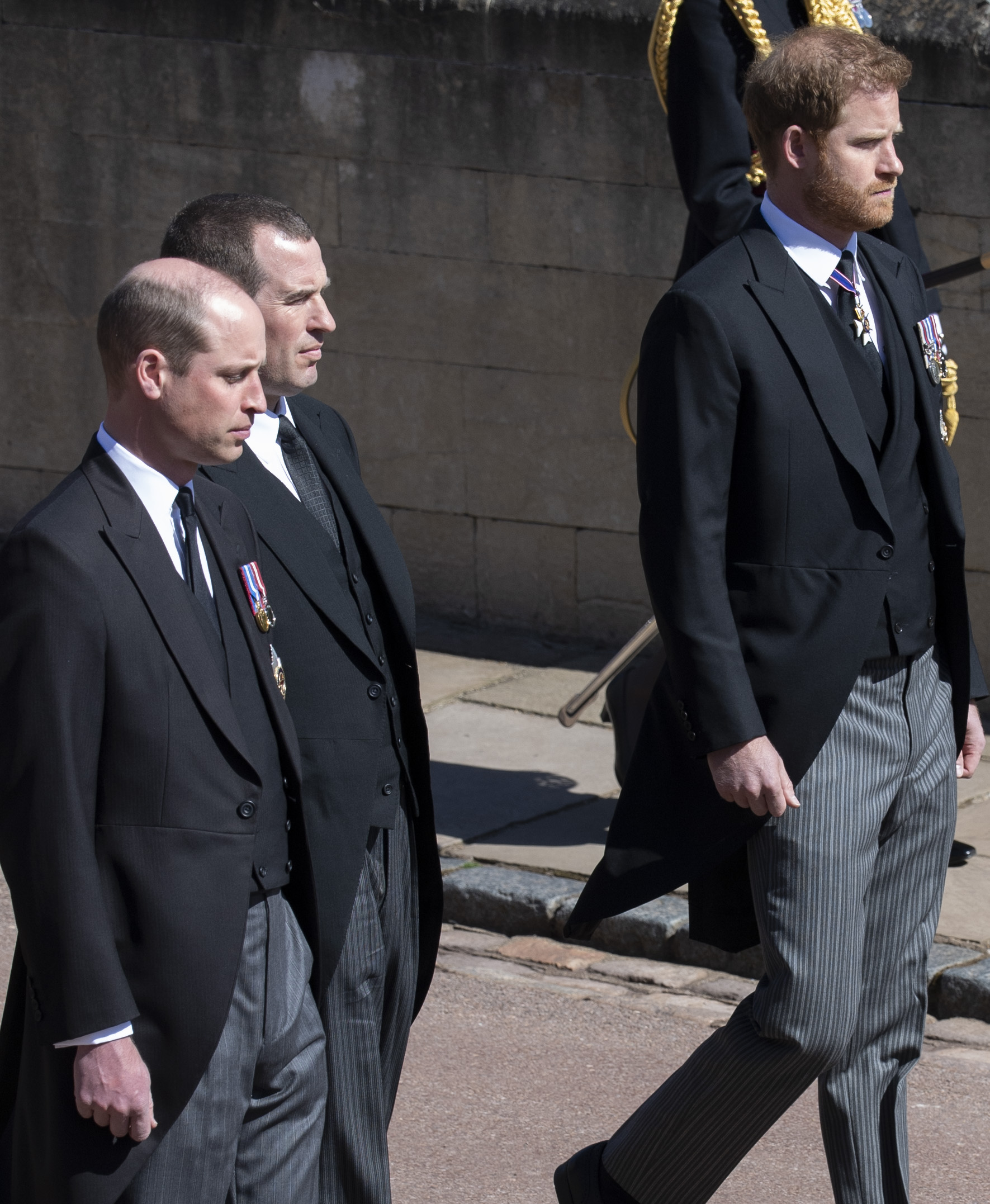 Prince William, Peter Phillips and Prince Harry during the funeral of Prince Philip, Duke of Edinburgh on April 17, 2021 in Windsor, England. | Source: Getty Images