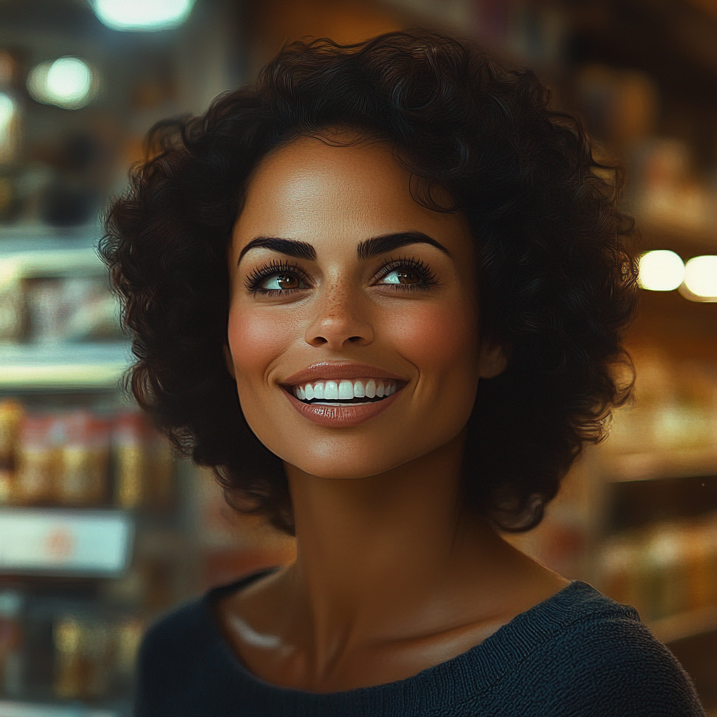 A smiling woman in a grocery store | Source: Midjourney