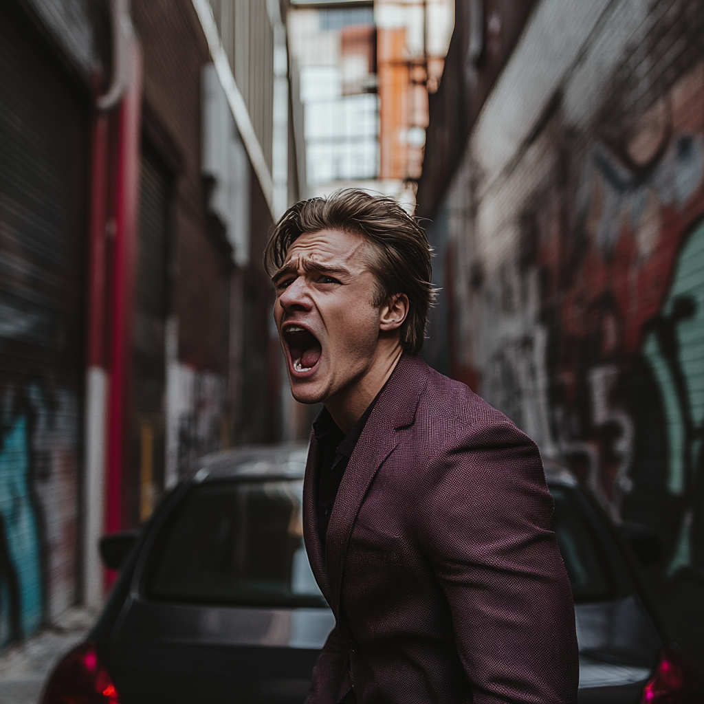 A man with a maroon blazer shouting in an alley | Source: Midjourney