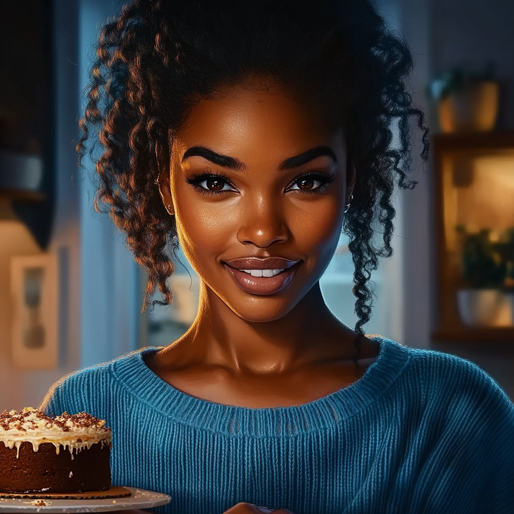 A smiling woman baking a cake | Source: Midjourney