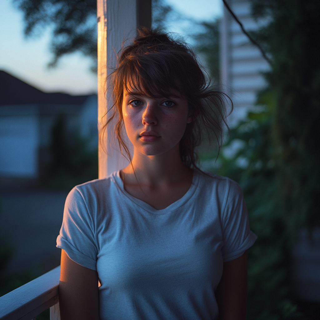 A nervous woman on a porch | Source: Midjourney