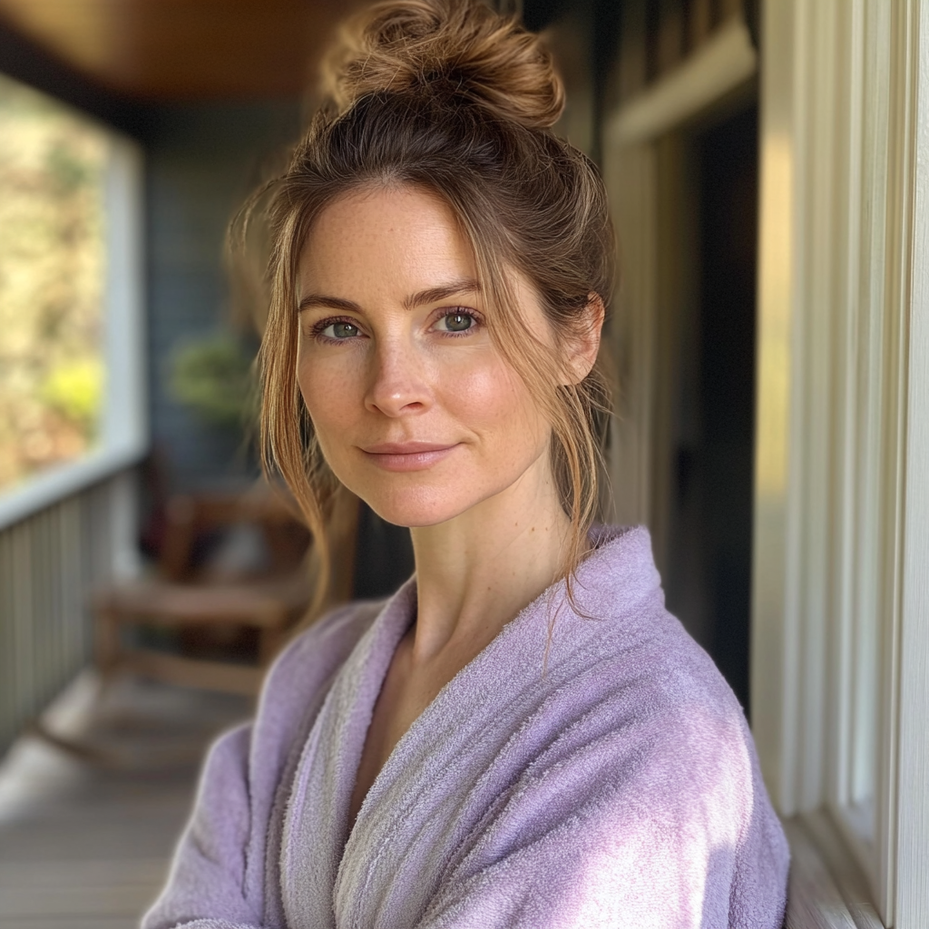 A woman standing on a porch in a lilac robe | Source: Midjourney