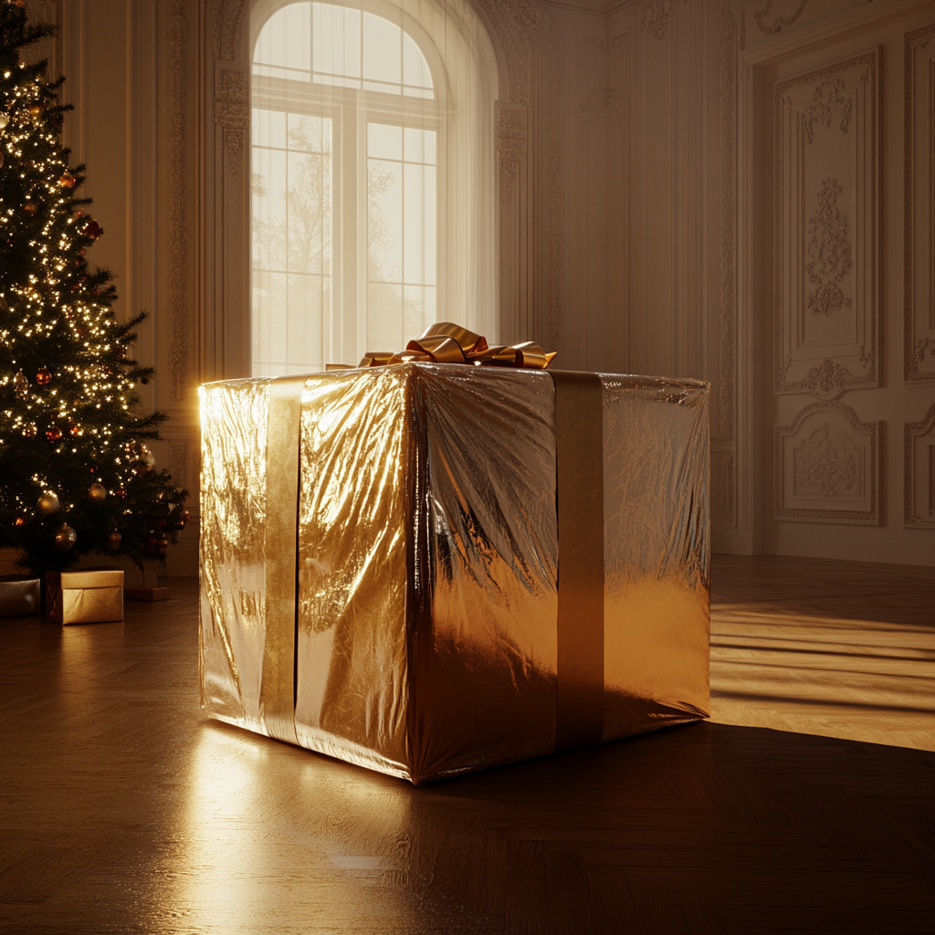 A huge gift box near a Christmas tree | Source: Midjourney