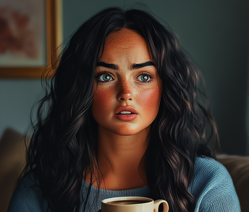 A worried woman holding a cup of coffee | Source: Midjourney