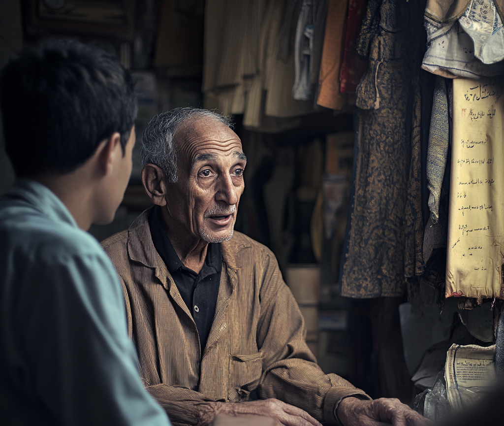 An elderly tailor talking to his customer | Source: Midjourney