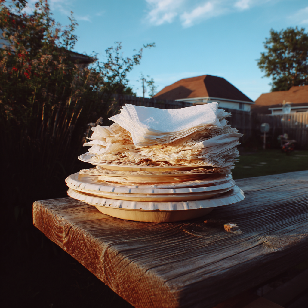 A stack of used paper plates and napkins | Source: Midjourney