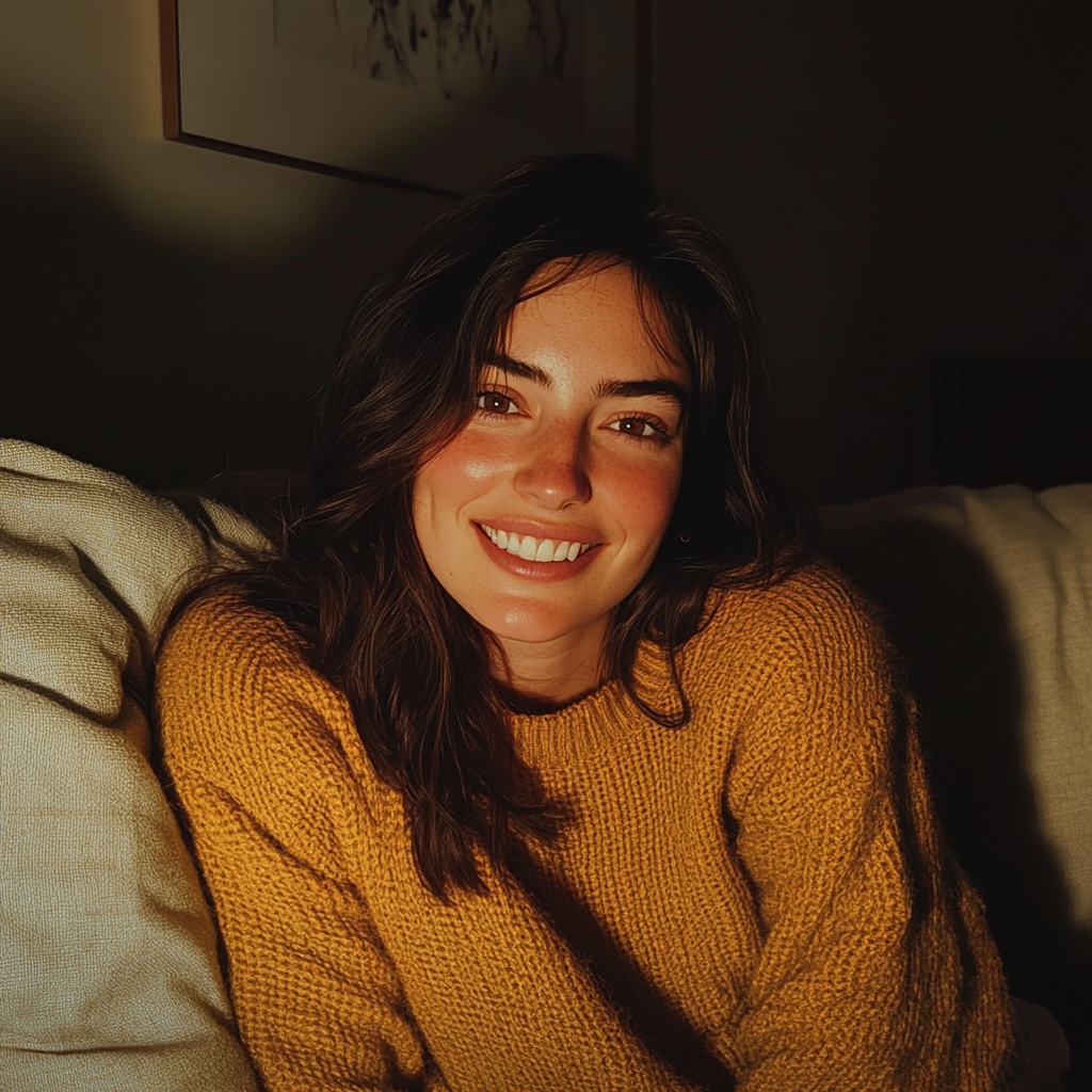 A smiling woman sitting on a couch | Source: Midjourney