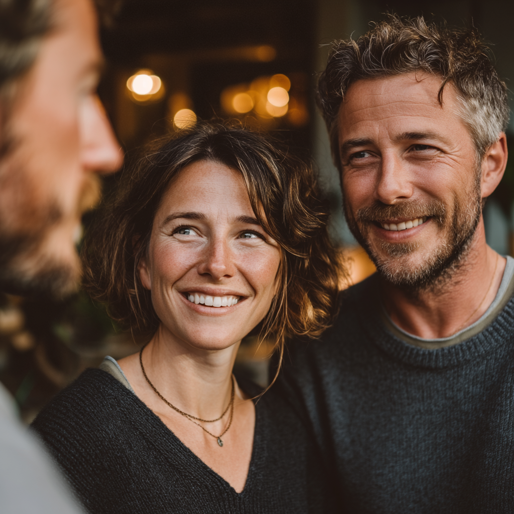 A happy couple talking to someone | Source: Midjourney