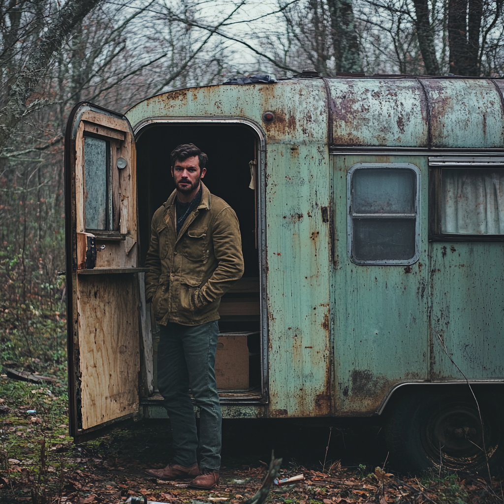 Man standing at the door of an old trailer | Source: Midjourney