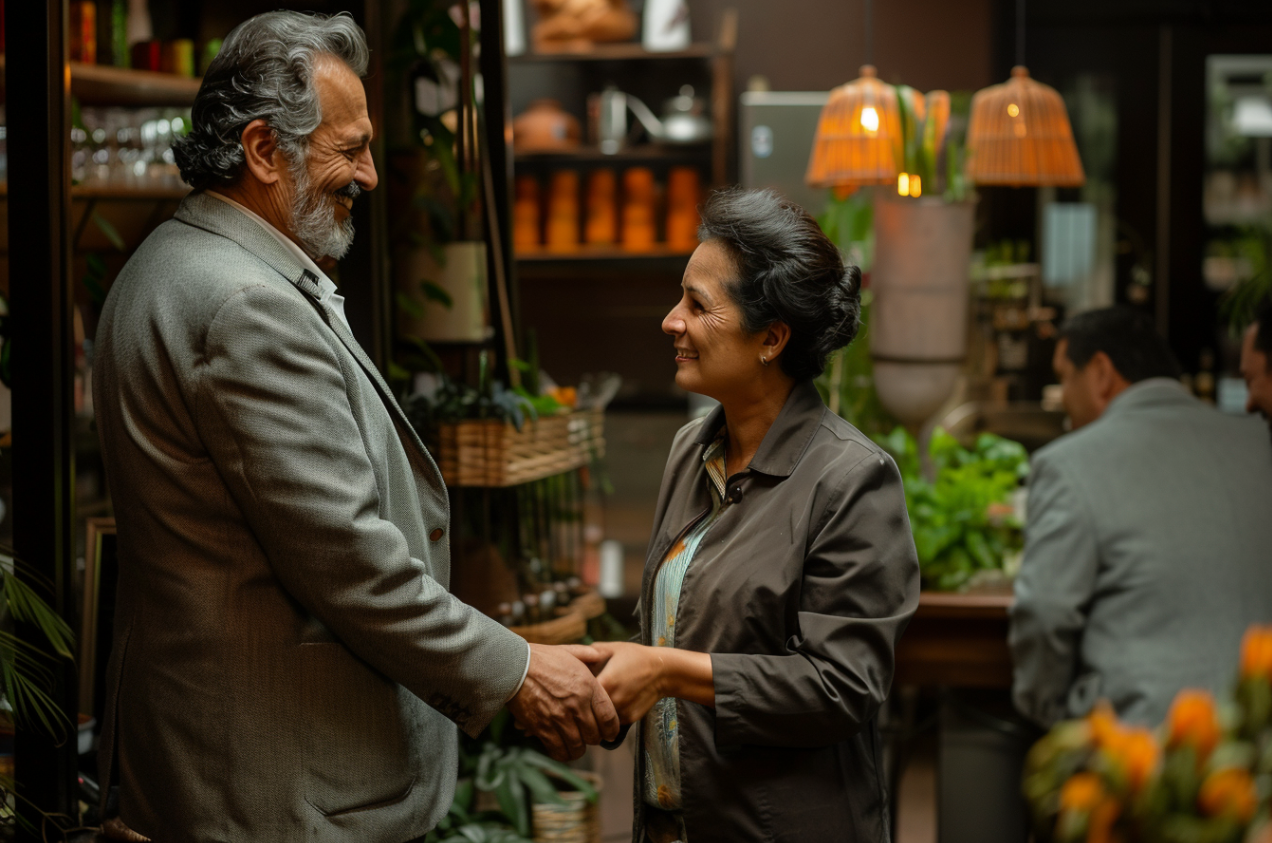 A distinguished man warmly greeting a mature woman | Source: MidJourney