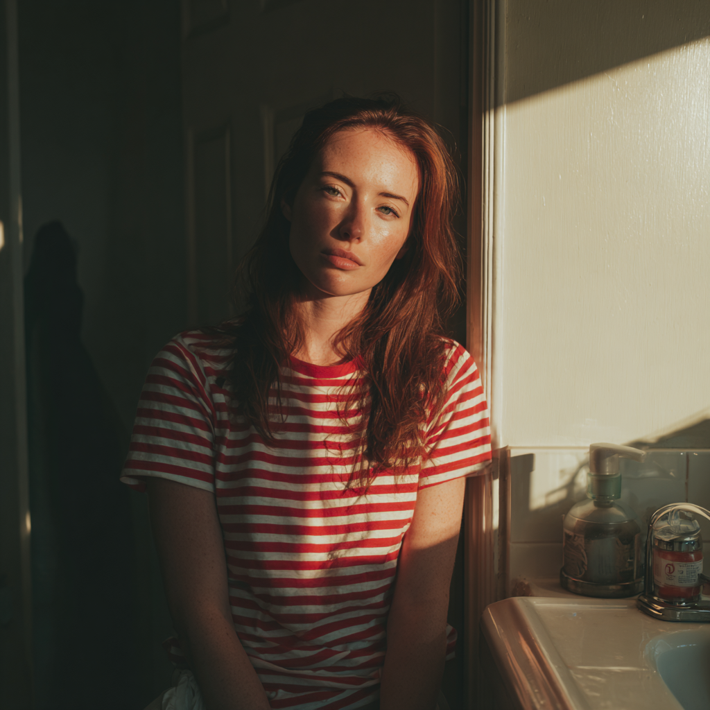 A pensive woman standing in a bathroom | Source: Midjourney