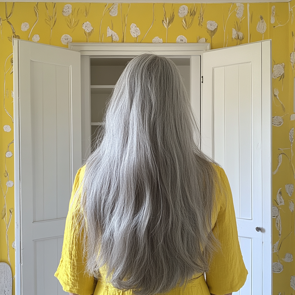 An older woman standing in front of a closet | Source: Midjourney