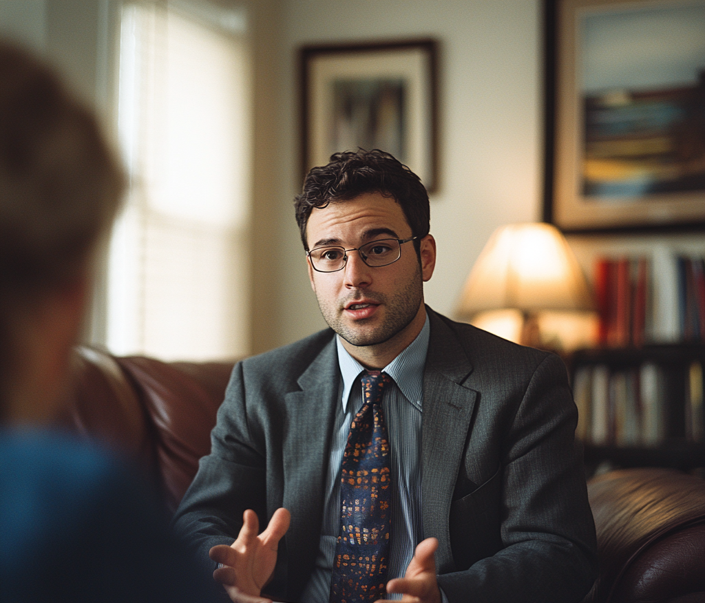 Lawyer talking to his client in a living room | Source: Midjourney