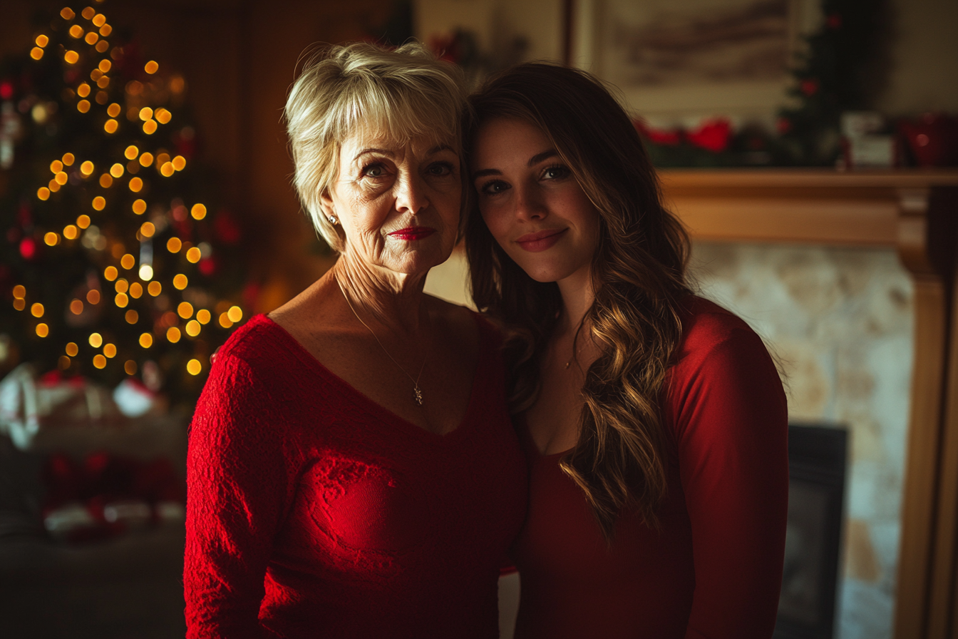 Woman in her 60s and her daughter-in-law posing for a photo by the fireplace and Christmas tree | Source: Midjourney