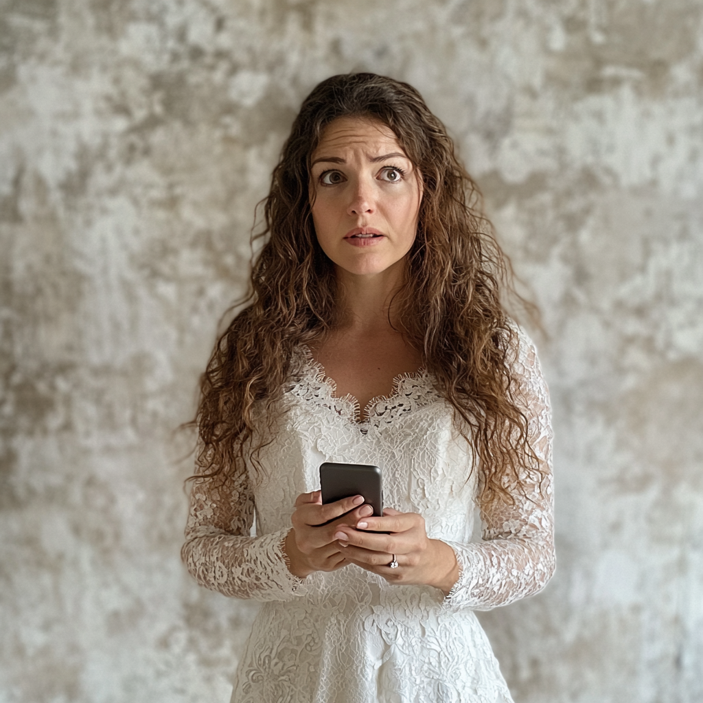 A bride holding her phone | Source: Midjourney