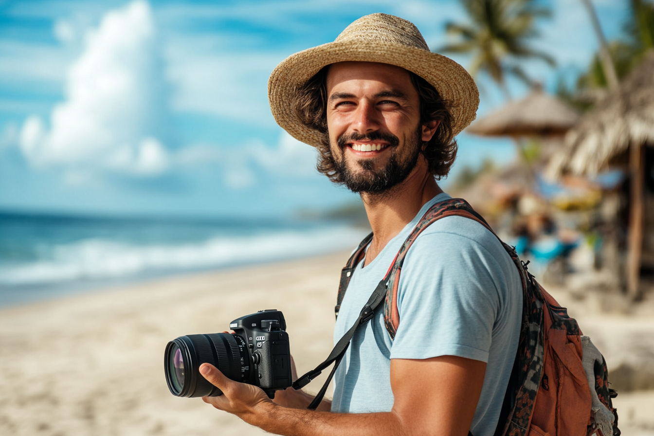 A man holding a camera on the beach | Source: Midjourney