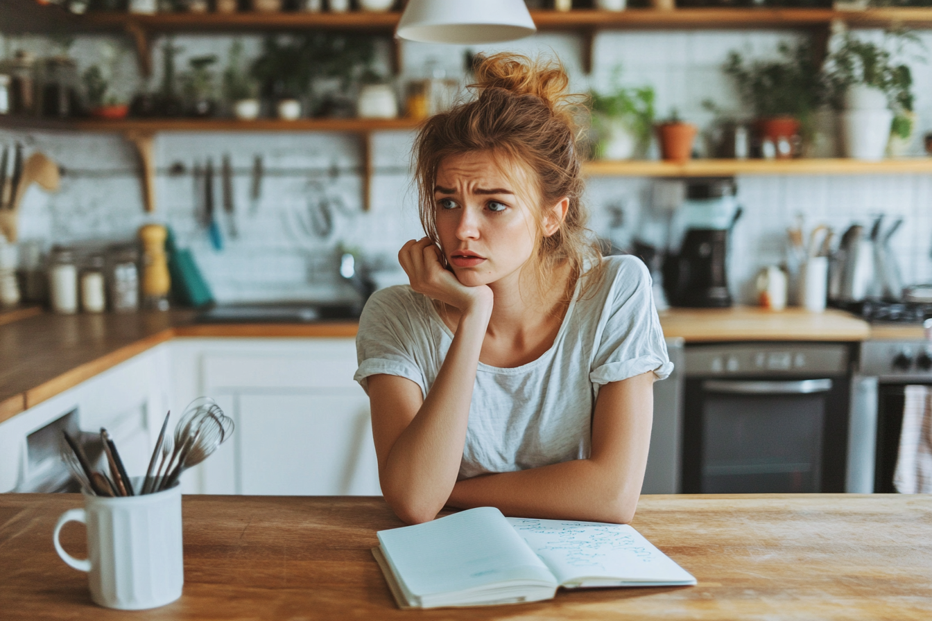 Una mujer pensativa sentada en la mesa de la cocina con un cuaderno | Fuente: Midjourney