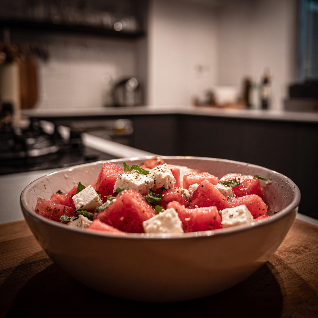 A bowl of feta and watermelon salad on a kitchen counter | Source: Midjourney