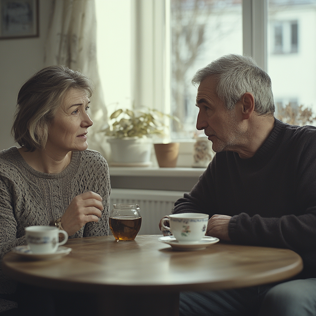 A couple talking over tea | Source: Midjourney