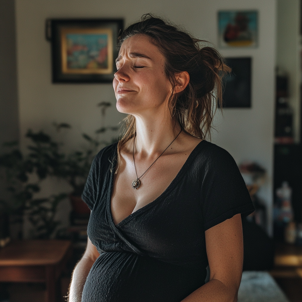 An upset woman standing in a living room | Source: Midjourney