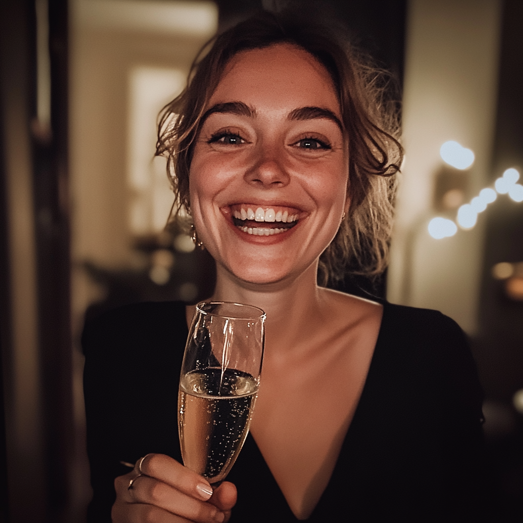 A smiling woman holding a glass of champagne | Source: Midjourney