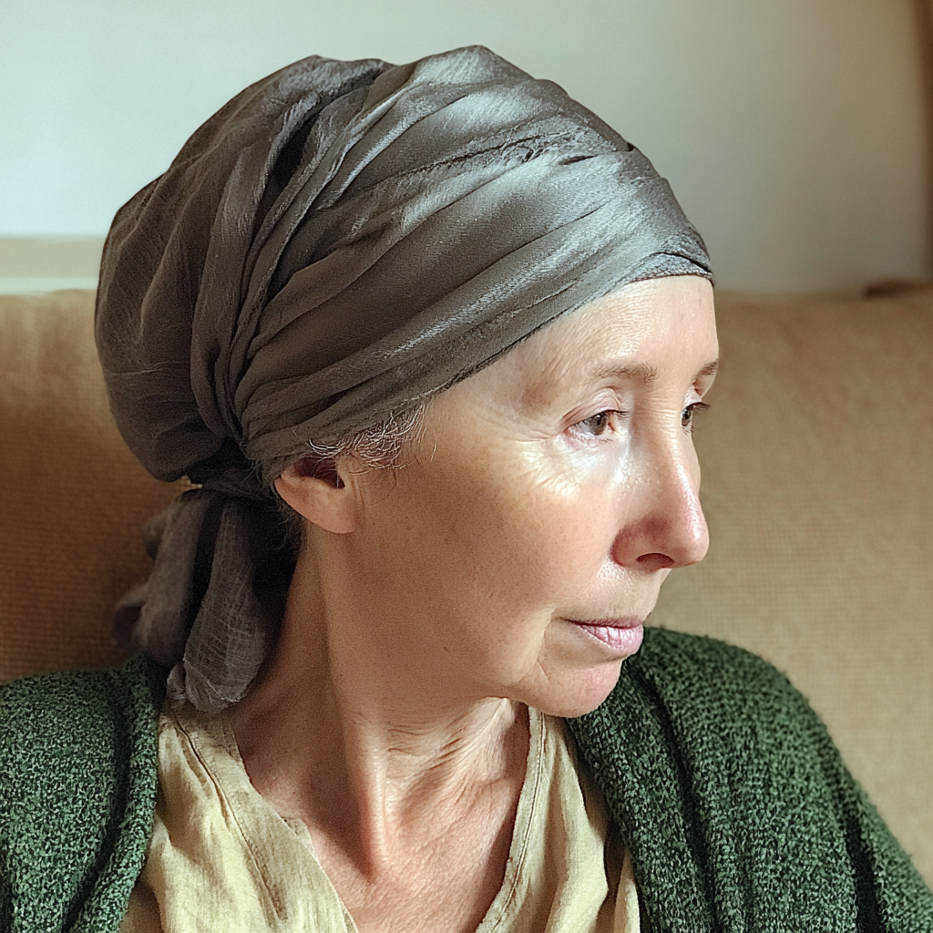 An ill older woman wearing a green cardigan | Source: Midjourney