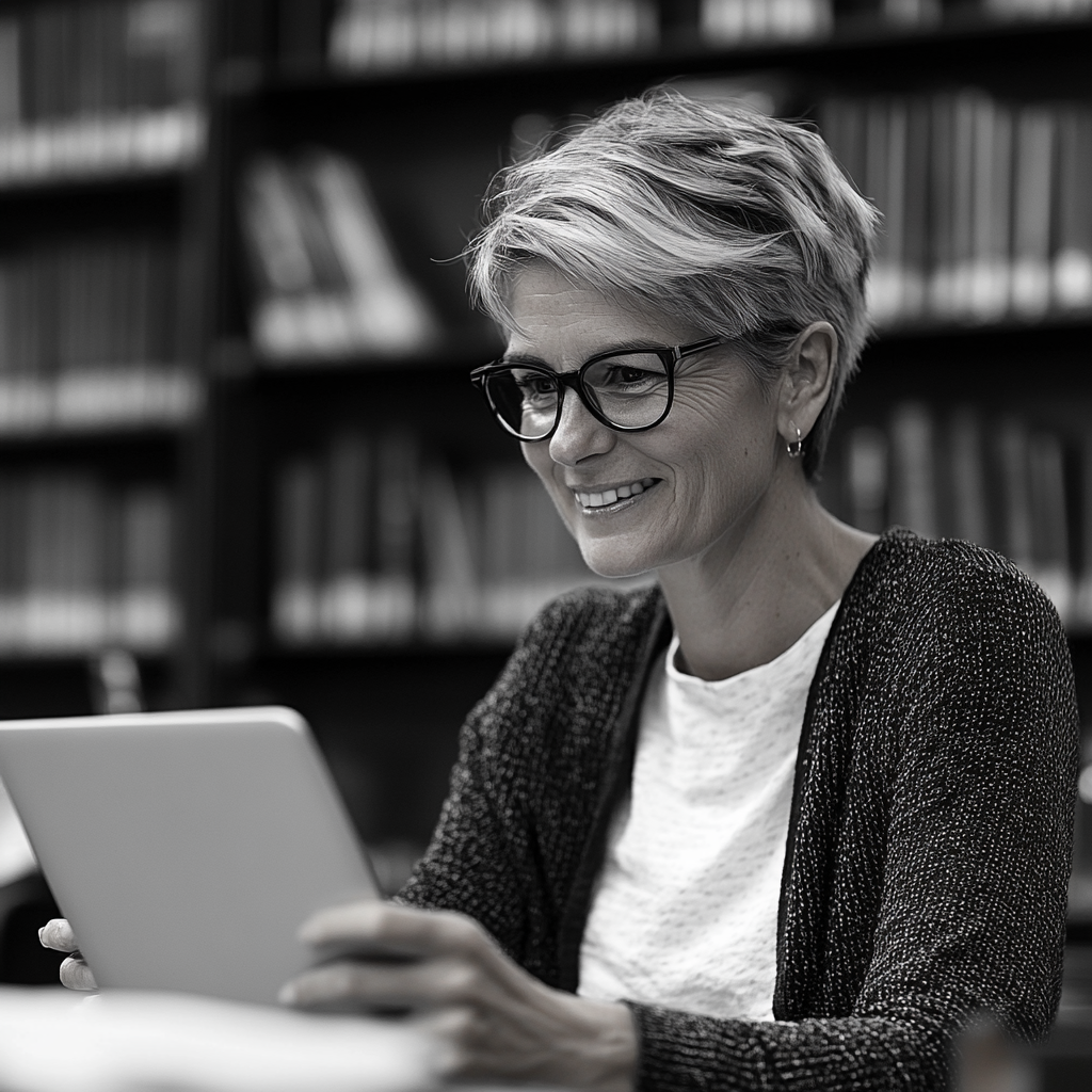 A happy woman in a library | Source: Midjourney