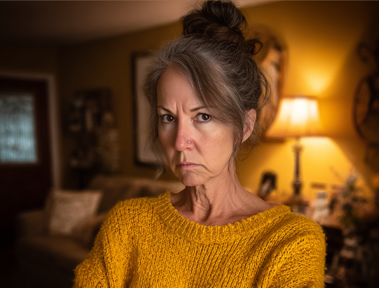 An angry older woman standing in a living room | Source: Midjourney