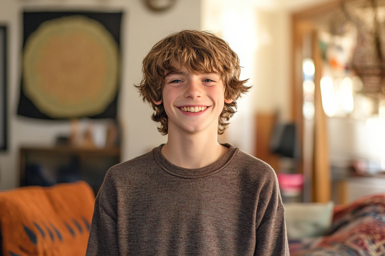 A teen boy standing in a living room | Source: Midjourney