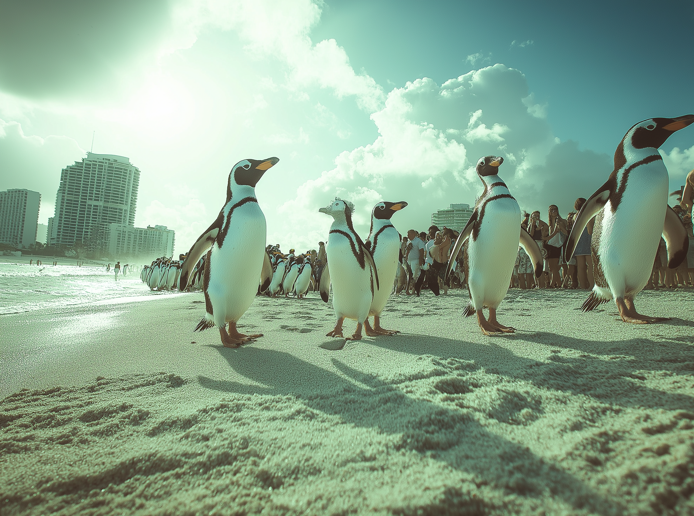 Penguins walking through a regular sunny beach | Source: Midjourney