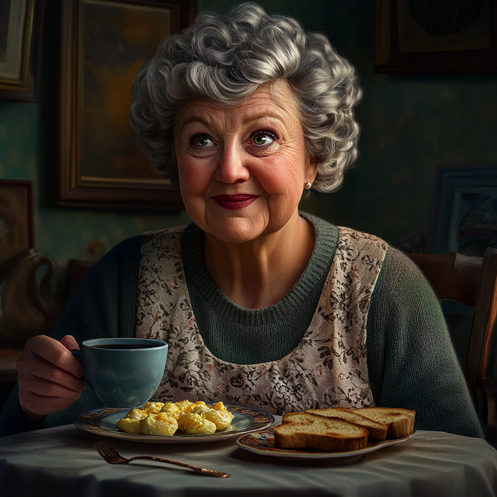 A delighted older lady setting the table with breakfast and a cup of black coffee | Source: Midjourney