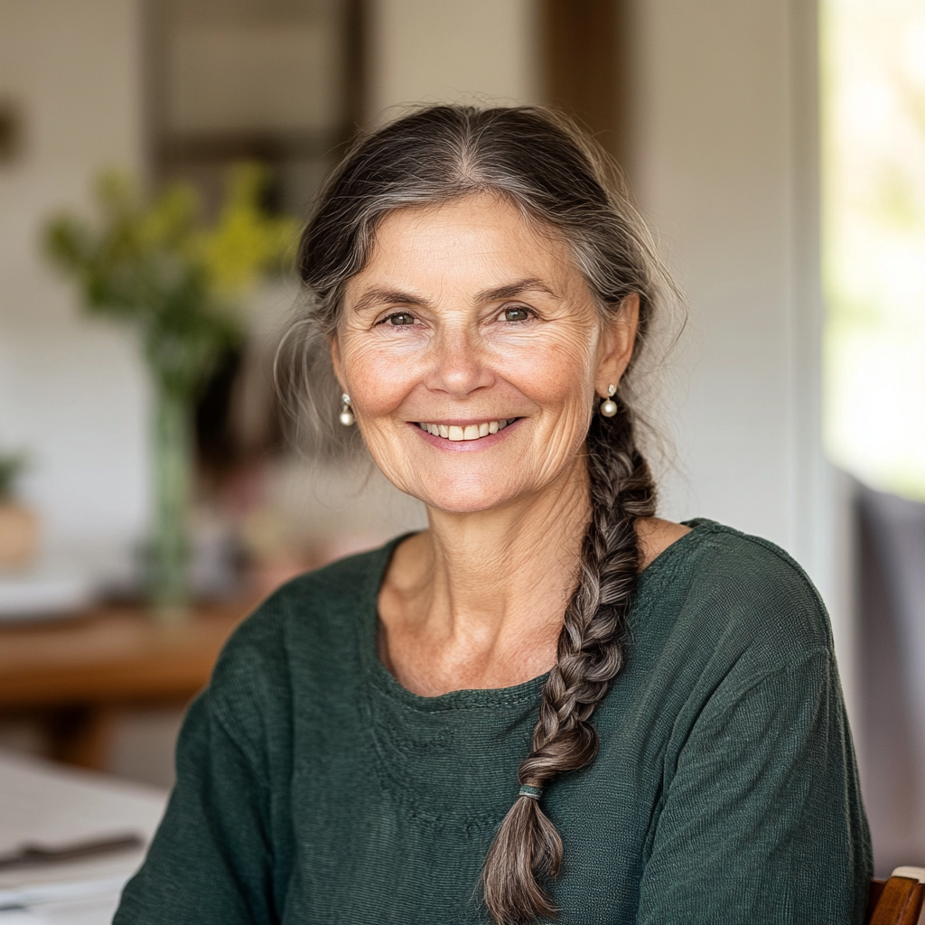 A smiling woman sitting at a table | Source: Midjourney