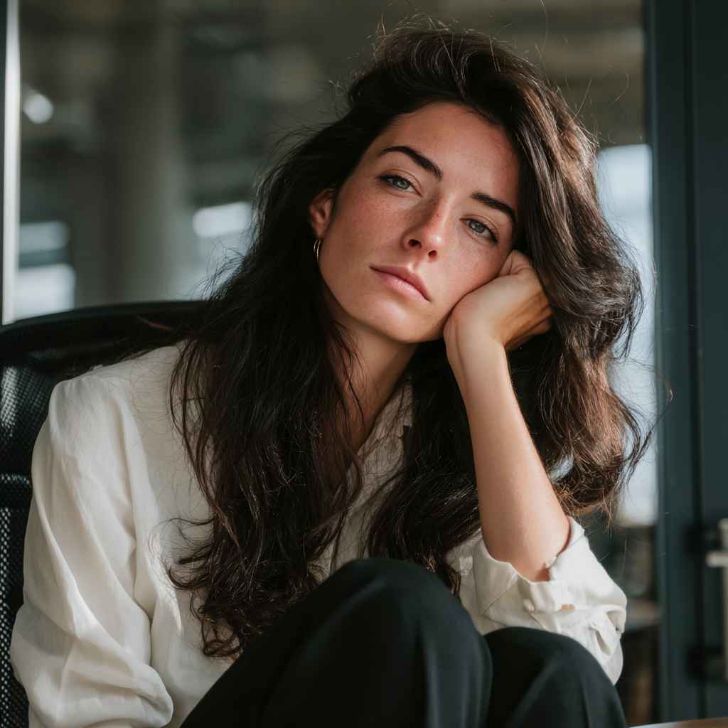 An emotional woman sitting at her desk | Source: Midjourney
