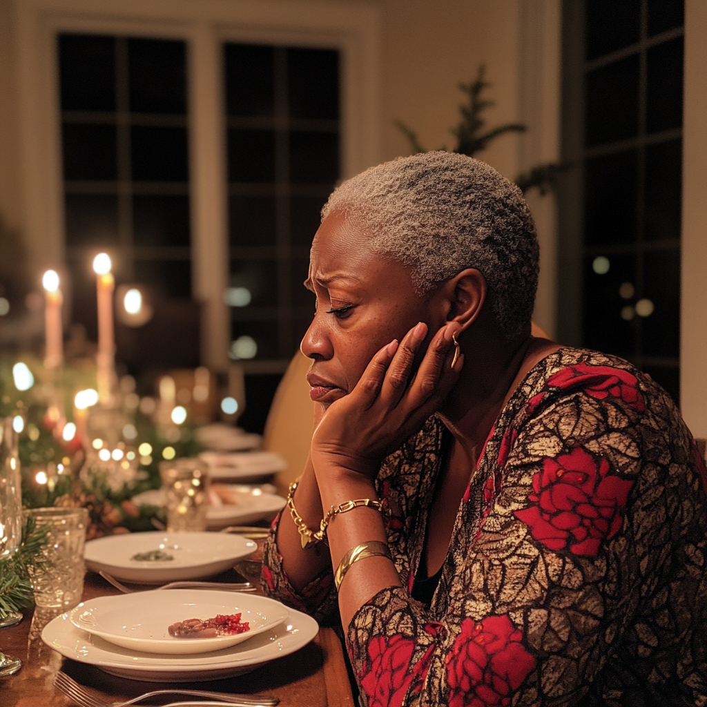 An upset woman sitting at a table | Source: Midjourney