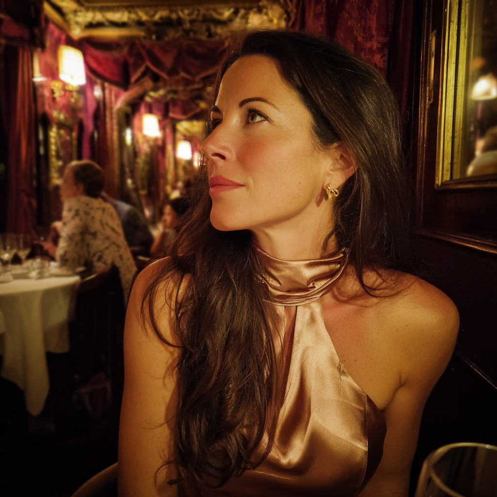 A woman sitting at a restaurant | Source: Midjourney