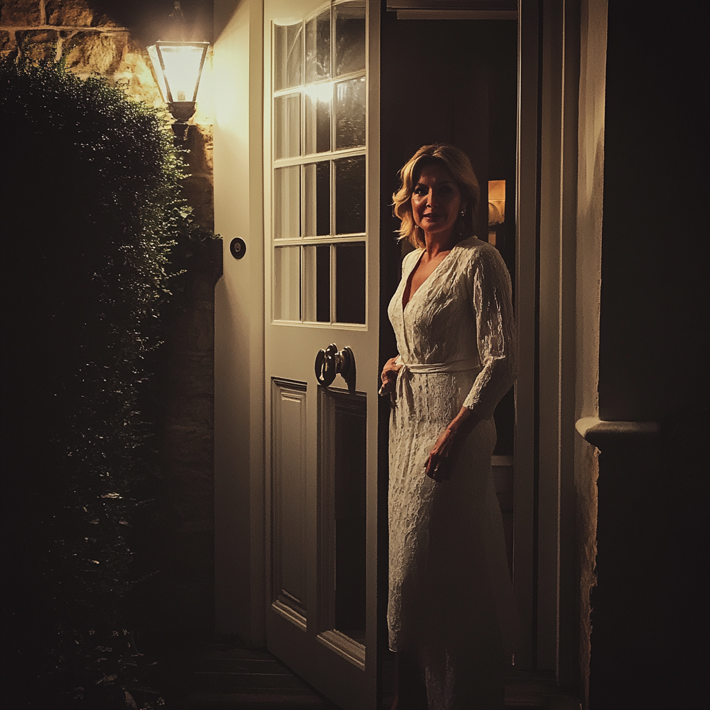 A woman standing at her door | Source: Midjourney