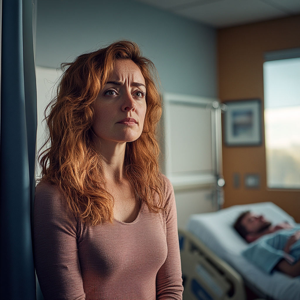 A woman looks serious and determined while standing in a hospital room | Source: Midjourney